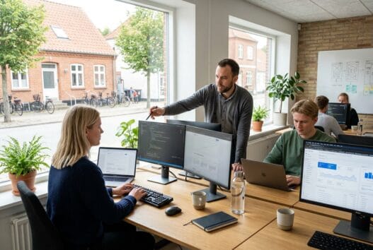 Moderne kontormiljø med danske webfolk ved skærme i grumstrup, fokus på digitalt arbejde