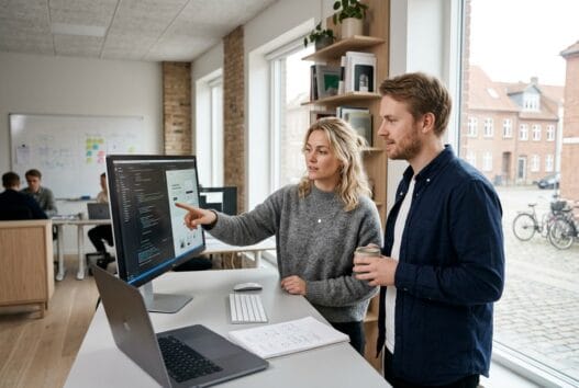 Moderne webbureau i Grundfør med dansk team, der arbejder med digitale løsninger ved computere