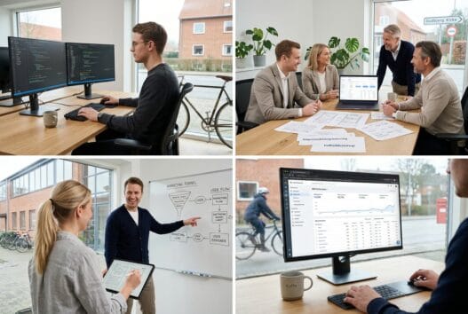 Skandinavisk team arbejder med webdesign og SEO i et moderne kontor i Gudbjerg