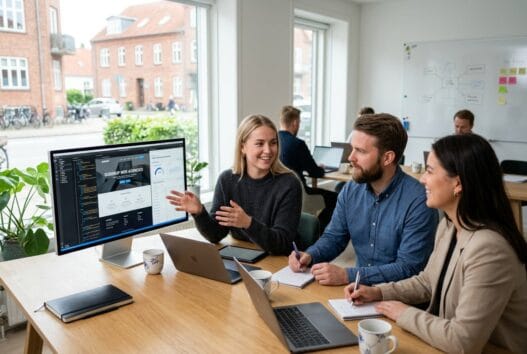 Skandinavisk webteam arbejder med dashboards og digital strategi på kontor i guderup