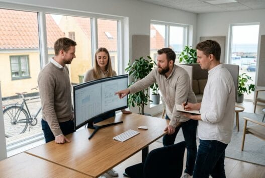 Skandinavisk team arbejder med webdesign og digitale løsninger i et moderne kontor i gudhjem