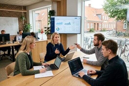Skandinavisk team arbejder med webdesign og digitale dashboards på et moderne kontor i gudumholm