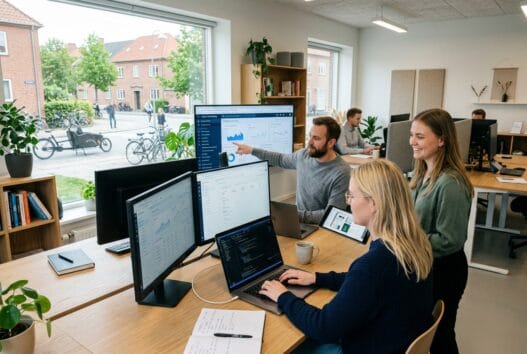Moderne webbureau i Guldager med dansk team, der arbejder med digitale løsninger ved computere