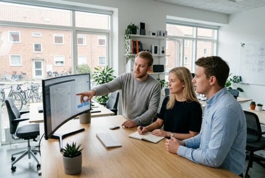 Dansk webbureau i Guldbæk med team ved computere og digitale dashboards i moderne kontor