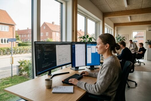 Moderne webbureau i Gullestrup med dansk team, der arbejder med digitale løsninger ved computere