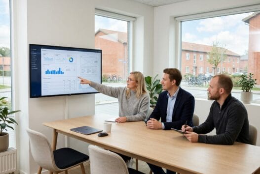 Dansk team arbejder med webdesign og digitale data i et moderne kontor i Gundsølille