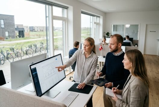 Skandinavisk team arbejder med webdesign og digitale analyser på et moderne kontor i gundsømagle