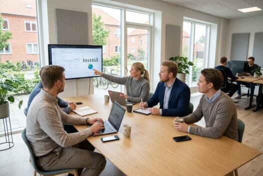 Dansk webbureau i Gurre med team ved computer og digitale dashboards i moderne kontor