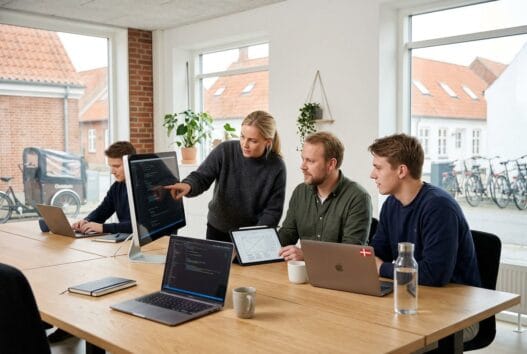 Dansk webbureau i Gylling med team, der arbejder med digital strategi og skærme i moderne kontor