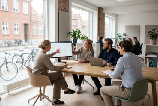 Moderne webbureau i Gyrstinge med dansk team foran skærme og digitale dashboards