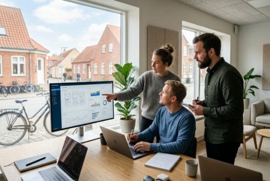 Skandinavisk webteam arbejder med design og SEO på kontor i Hårslev