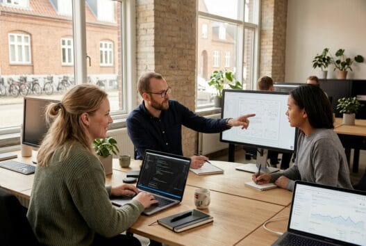 Dansk webbureau i Hadsten med team ved computer og digitale dashboards