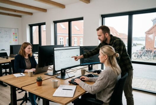 Moderne webbureau i Hadsund med dansk team ved computer og digitale dashboards