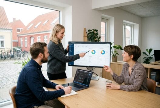 Skandinavisk webteam arbejder ved computere i et moderne kontor i Hals