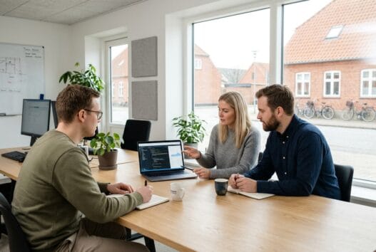 Et moderne webbureau i Halvrimmen med dansk team foran skærme og digitale dashboards