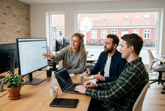 Skandinavisk team arbejder med webdesign og SEO på kontor i Hammelev