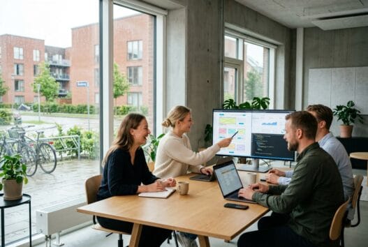 Moderne webbureau i Hampen med dansk team ved computer og digitale dashboards