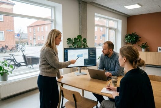 Dansk webbureau i Handbjerg med team ved computere og digitale dashboards