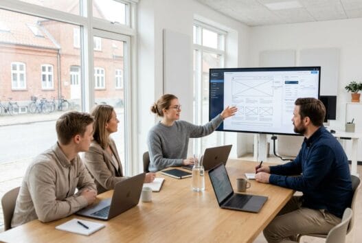 Moderne webbureau i handest med dansk team ved computer og digitale dashboards