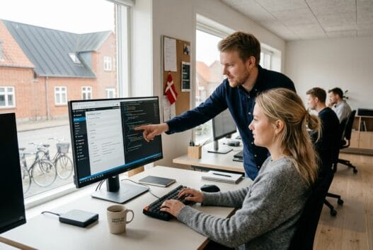 Dansk webbureau i Harboøre med team ved computer og dashboards i et moderne kontormiljø