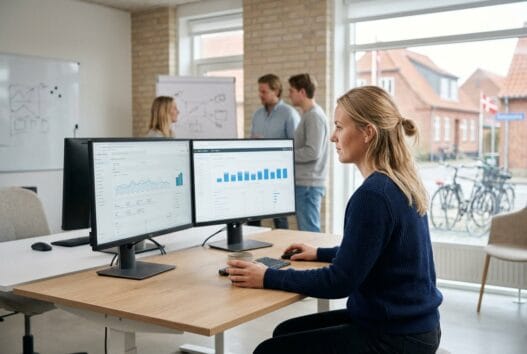 Moderne webbureau i Hårby med dansk team foran skærme og digitale dashboards