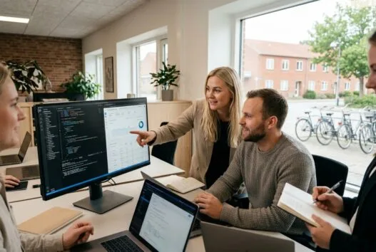 Moderne webbureau i Harlev med dansk team, der arbejder ved computere med digital markedsføring og design