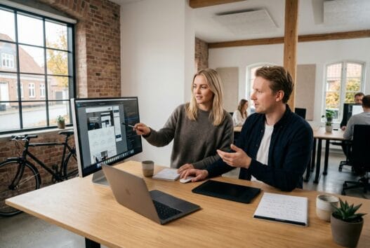 Realistisk kontorscene med dansk webbureau i harndrup, hvor et team arbejder med digitale løsninger