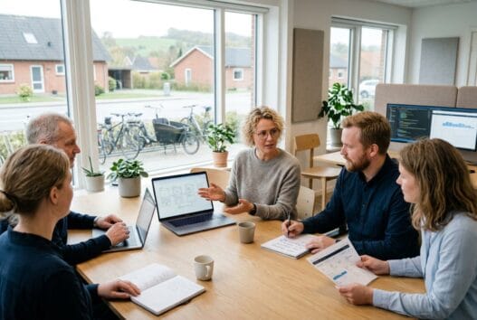 Moderne webbureau i Harridslev med skandinavisk team foran computer og dashboards
