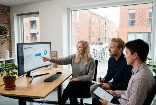 Dansk webbureau i harte med team ved computer og dashboards i moderne kontormiljø