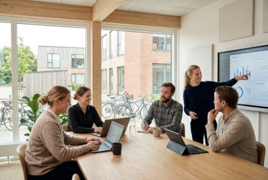 Skandinavisk team arbejder med webdesign og data i et moderne kontor i Hårup
