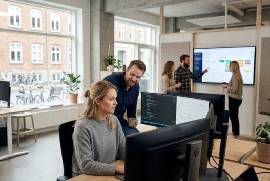 Moderne webbureau i Hasle med dansk team foran computer og dashboards i naturligt lys