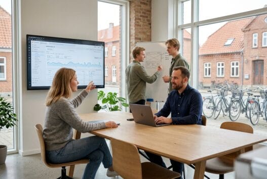 Moderne webbureau i Haslev med dansk team ved computer og digitale dashboards