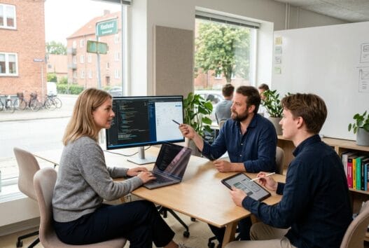 Moderne webbureau i Haslund med team ved computer og digitale dashboards