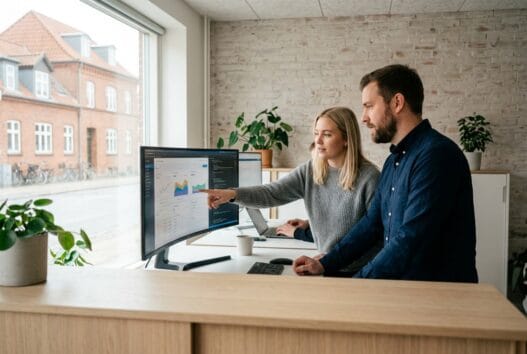 Dansk webbureau i håstrup med team foran skærme og digitale dashboards i moderne kontor