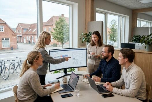 Moderne webbureau i Hatting med danske medarbejdere foran computer og dashboards