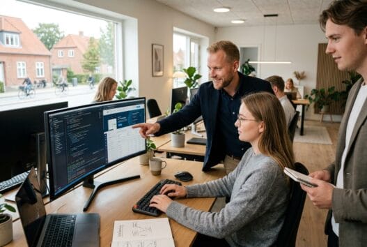 Dansk webbureau i Havdrup med team ved computer og dashboards i moderne kontor
