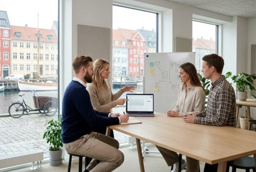 Moderne webbureau i havneby med dansk team foran skærme og digitale dashboards
