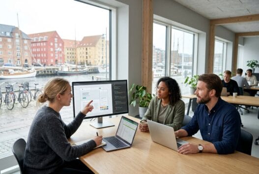 Moderne webbureau i havnebyen med dansk team ved computer og dashboards