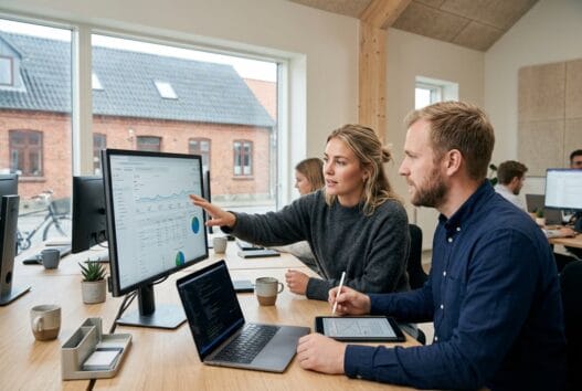 Dansk webbureau i Havnelev-Boestofte med team, der arbejder ved computer med digitale dashboards og design