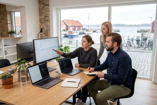 Moderne webbureau i havnsø med dansk team foran skærme og digitale dashboards