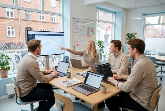 Moderne webbureau i Havnstrup med dansk team foran skærme og digitale dashboards