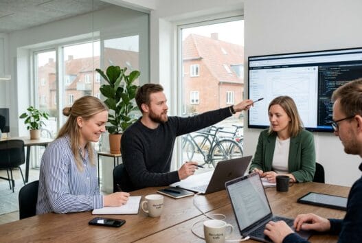 Skandinavisk webbureau i Havrebjerg med team ved computer og dashboards i moderne kontor
