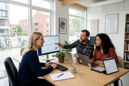 Moderne webbureau i Hedehusene med team, der arbejder ved computer i lyst skandinavisk kontor