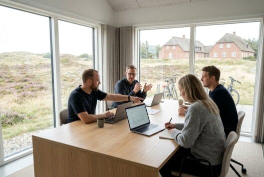 Dansk webbureau i heden med team ved computere og dashboards i et lyst, moderne kontor