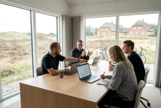 Dansk webbureau i heden med team ved computere og dashboards i et lyst, moderne kontor