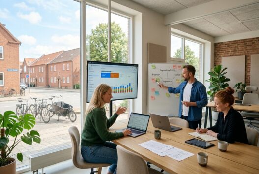 Skandinavisk team arbejder med webdesign og digitale dashboards på et moderne kontor i Hedensted