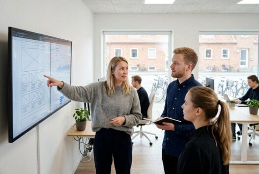 Skandinavisk webbureau i hee med team foran dashboards og laptop i moderne kontormiljø