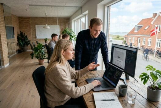Skandinavisk team arbejder med webdesign og SEO i et moderne kontor i Hejls