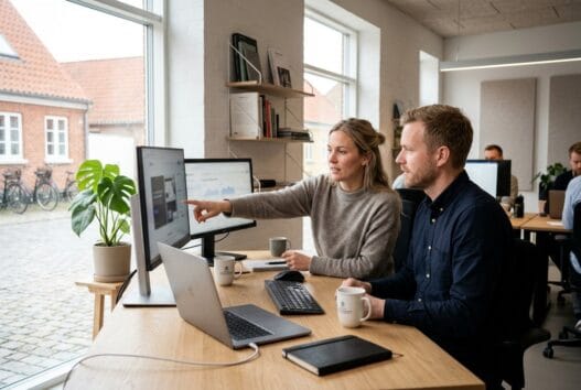 Moderne webbureau i Hejnsvig med dansk team ved computer og digitale dashboards