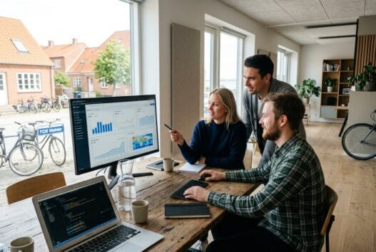 Skandinavisk team arbejder med webdesign og SEO på kontor i Hellebæk